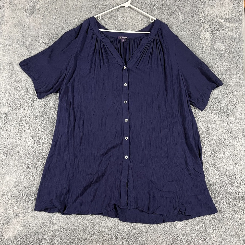 Roaman's Blouse Top Womens 26W Navy Short Sleeve V-Neck Casual Boho Button Front